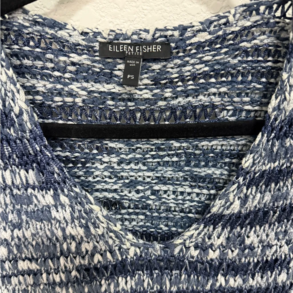 Eileen Fisher Sweater Top V-Neck Ribbon Tape Knit Blue Brushstroke Small Petite - Image 5