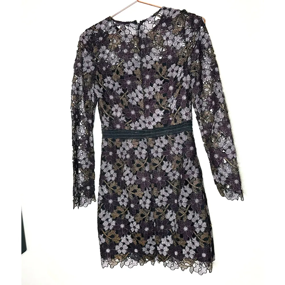 CYNTHIA ROWLEY Linden Purple Black Lace Floral Bell Sleeves Mini Dress Size 4 - Image 4