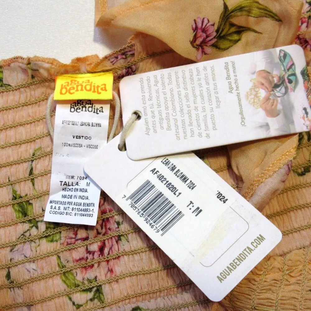 NWT Agua Bendita Leandra Blomma Maxi in Peach Floral Smocked Slit Dress M - Image 6