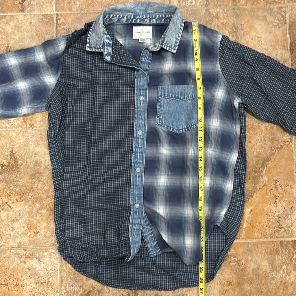 American Eagle Multi Printed Plaid Chambray Denim Button up Shirt - Image 6
