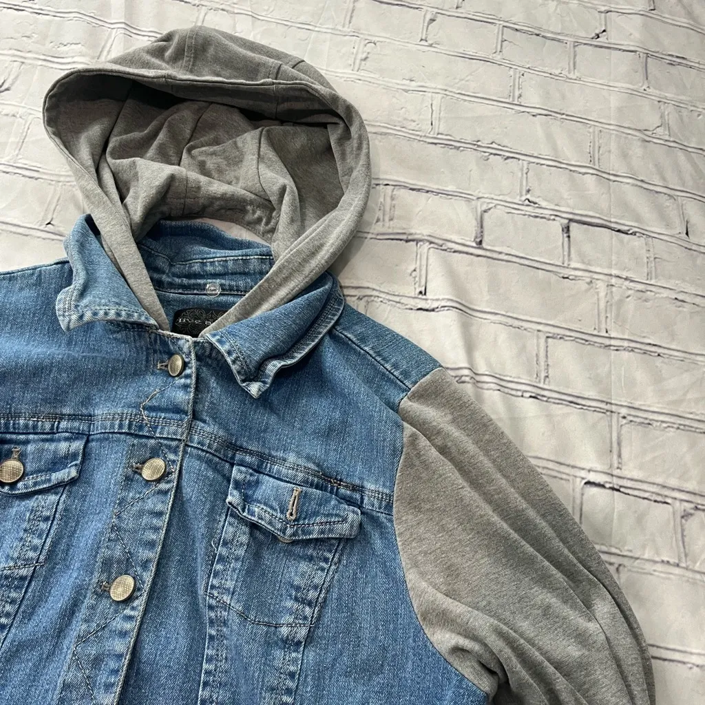 Vintage Live a Little Denim Hoodie Jean Jacket Women’s XL Gray Knit Sleeves Blue - Image 5