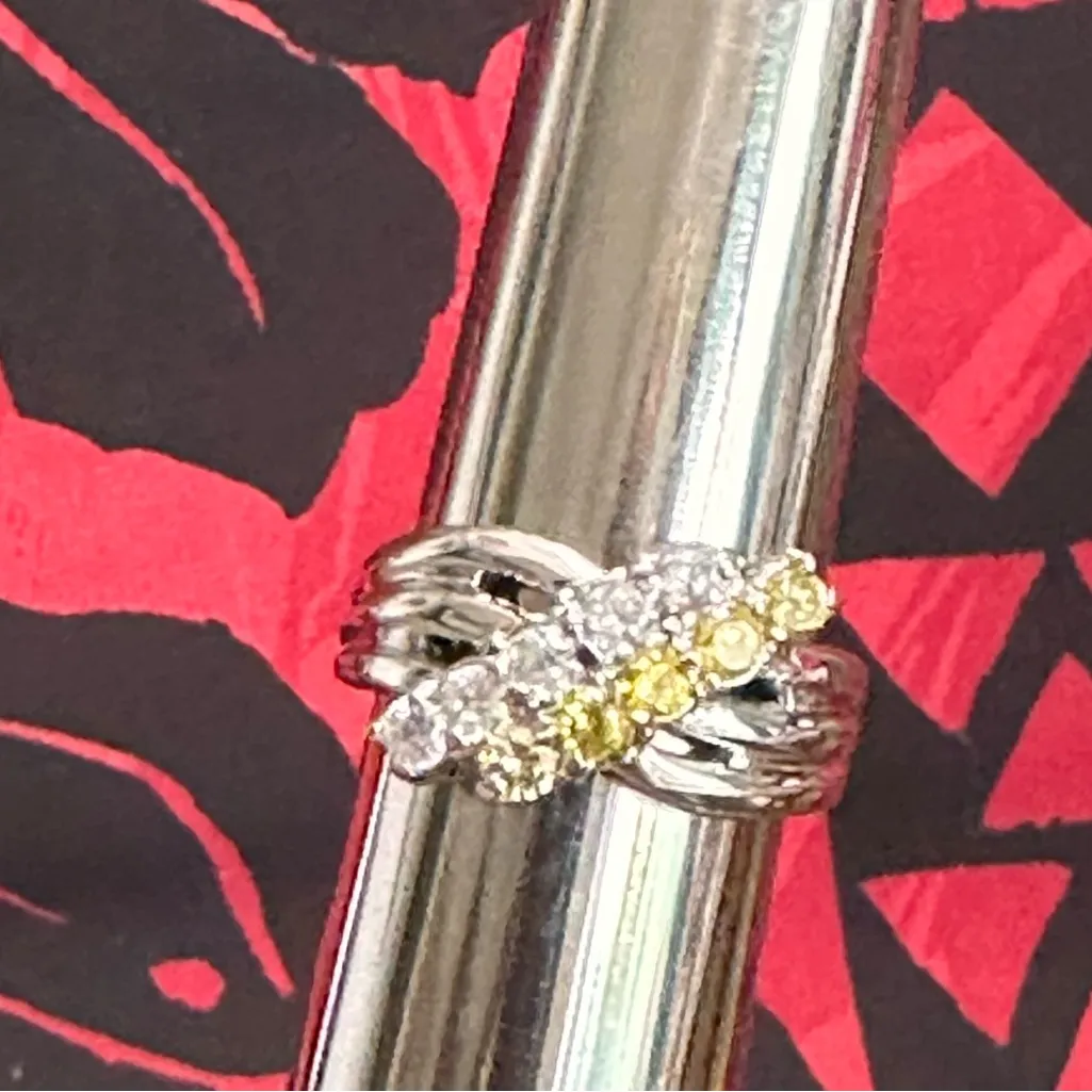 Swarovski Diamond & Citrine Round Crystal Silver Ring Yellow Size 8 - Image 4