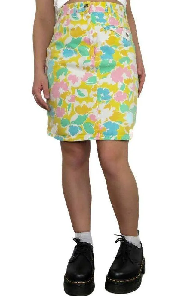 1990s Vintage Union Bay Yellow Pastel Floral High Rise Denim Mini Skirt 26" - Image 5
