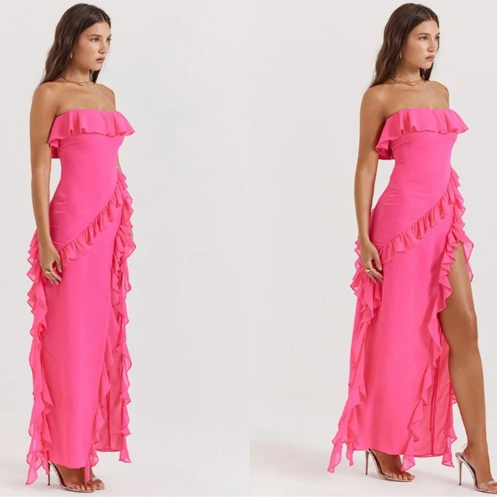 NWOT HOUSE OF CB Sarina Fuchsia Hot Pink Ruffle Strapless Maxi Dress sz L - Image 4