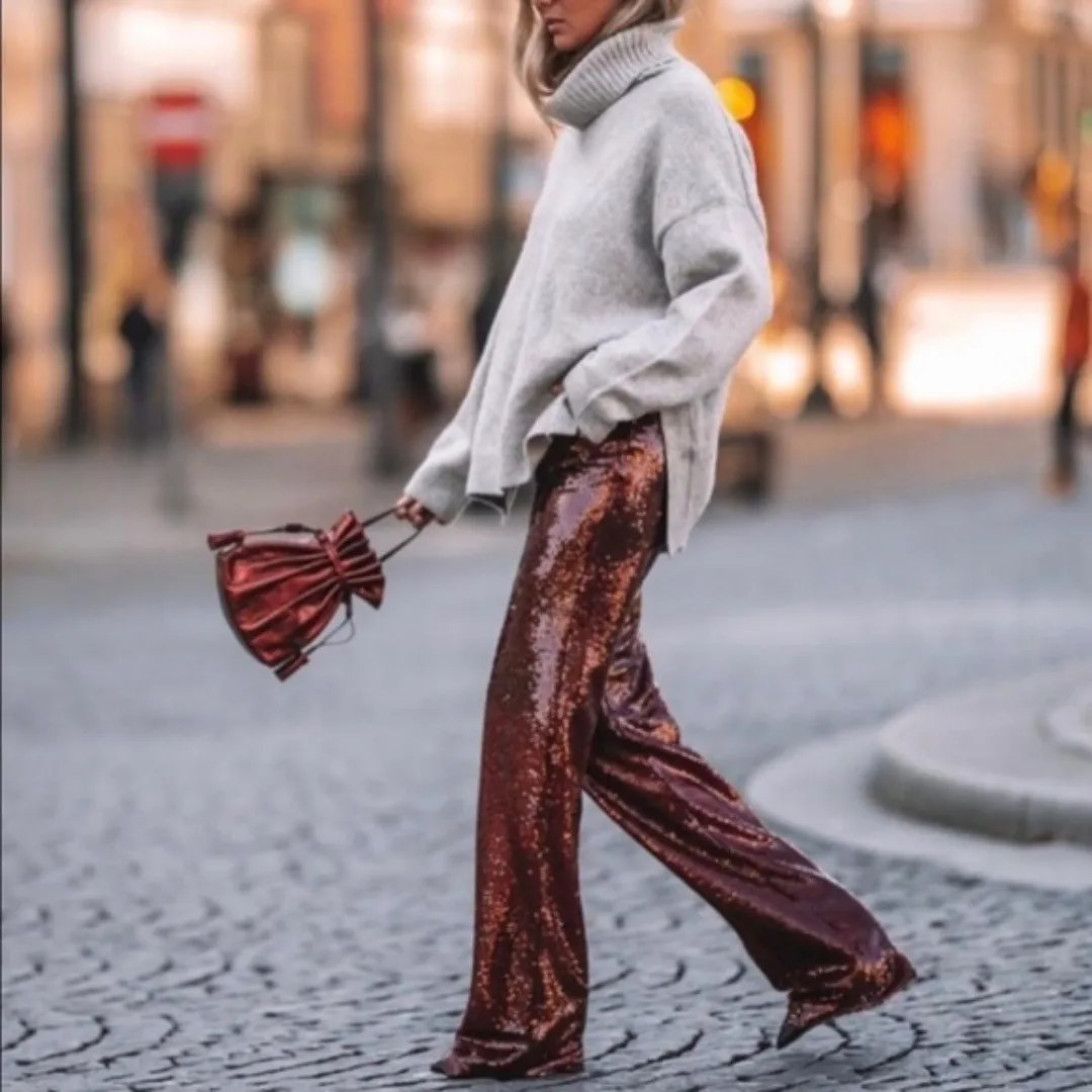 Zara | Sparkle Sequins Flare Wide Leg Pants Striped Black‎ Red - 3440/251/800 - Image 3