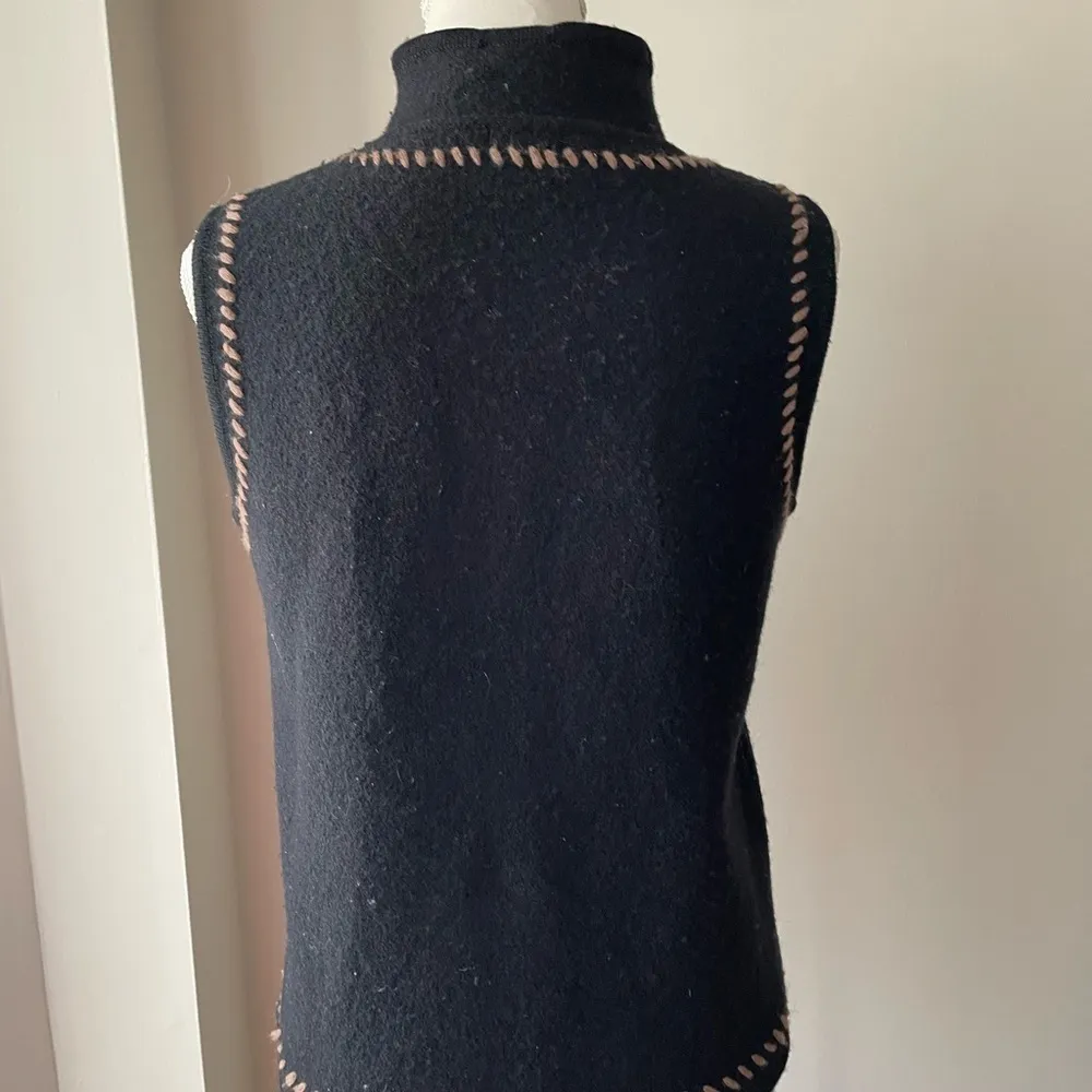 Vintage Tully 100% Wool Vest With Embroidery On Neck, Sleeves and Hem Black - Image 7
