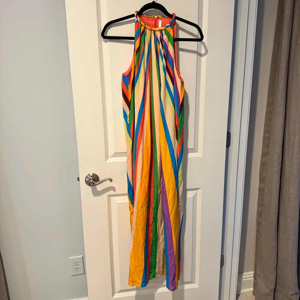 Marie Oliver Elena Striped Silk Halter Multi Colored Midi Dress | S - Image 2