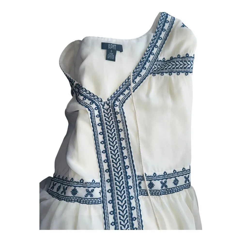Boho Chic Small Navy Embroidered Peasant Top Flowy Chiffon Sheer Long Sl…​ Blue - Image 13