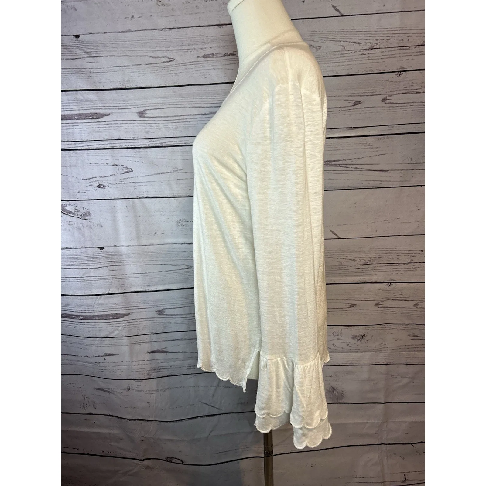 Frame  White Linen Bell Sleeve Top Scalloped Hem Size M - Image 3