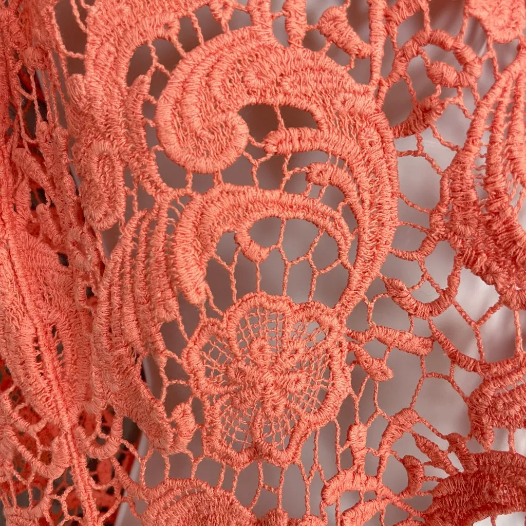 Lace Crop Top Peach Pink‎ Short Sleeves Women Scalloped Delicate Overlayer Piece Pink - Image 8