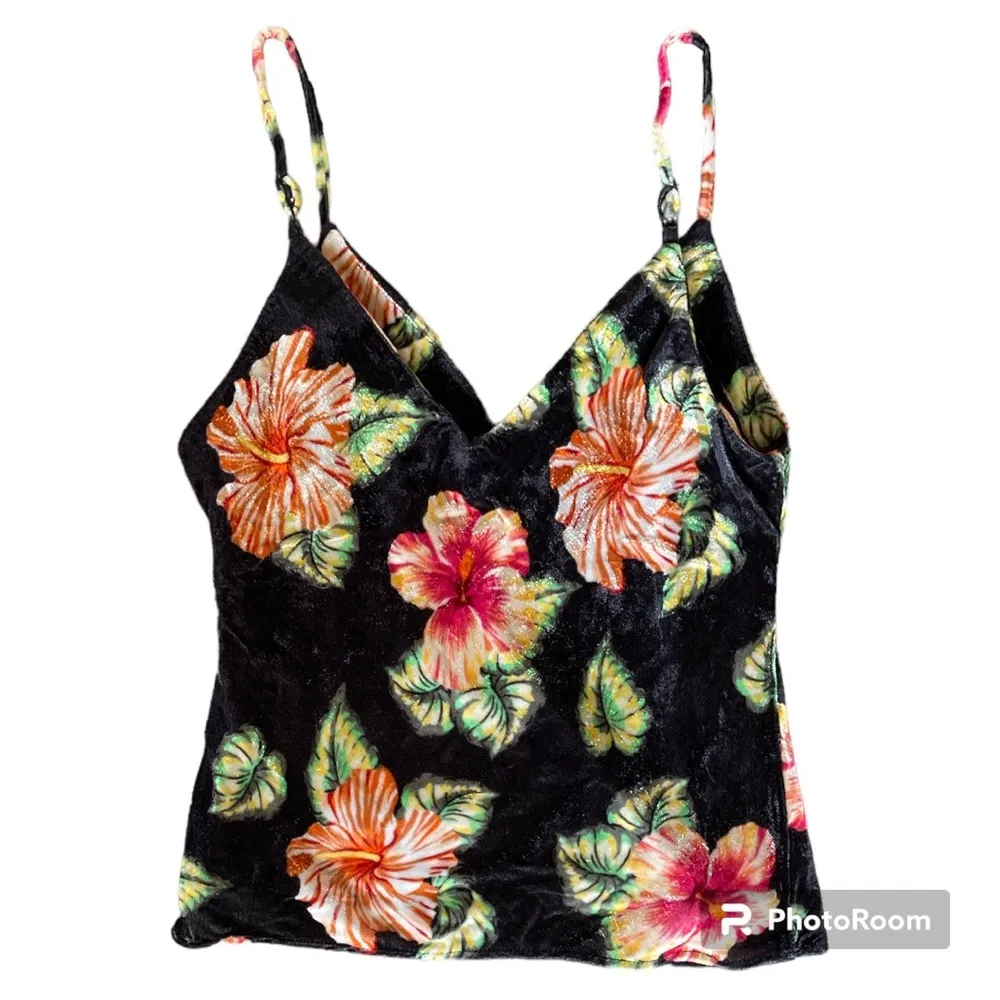 Le Superbe Black Velvet Floral Print Camisole Size 4 NWT - Image 2
