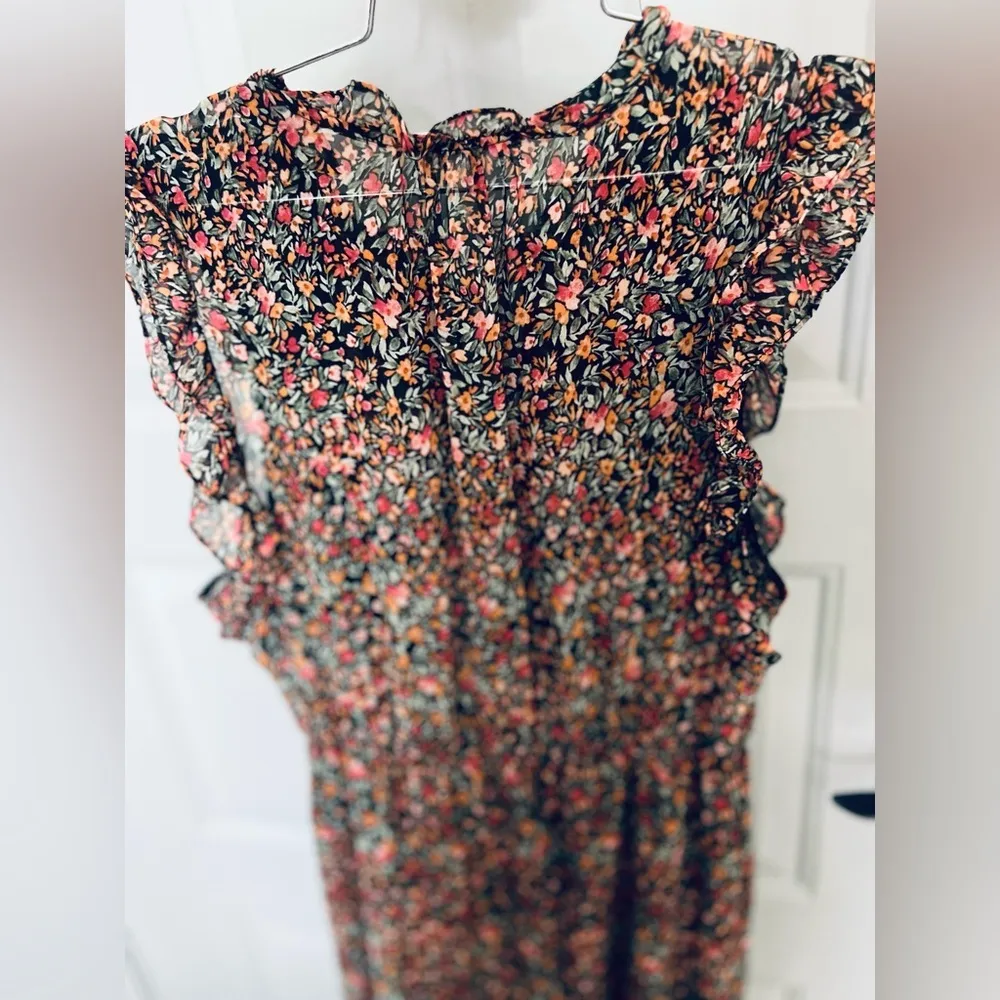 BB Dakota Steve Madden Midi Dress M Black Ditsy Floral Ruffle Tiered Sleeveless - Image 3
