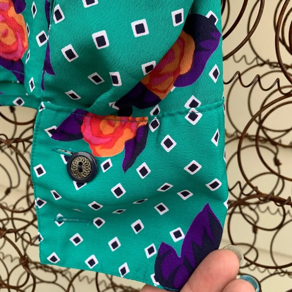 Vintage teal diamond dot rose button down long sleeve secretary blouse Size L - Image 6