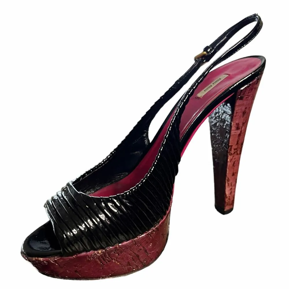 MIU MIU Black Patent Leather Sandals Peep Toe Sling Back Platforms Italy 38.5 - Image 12
