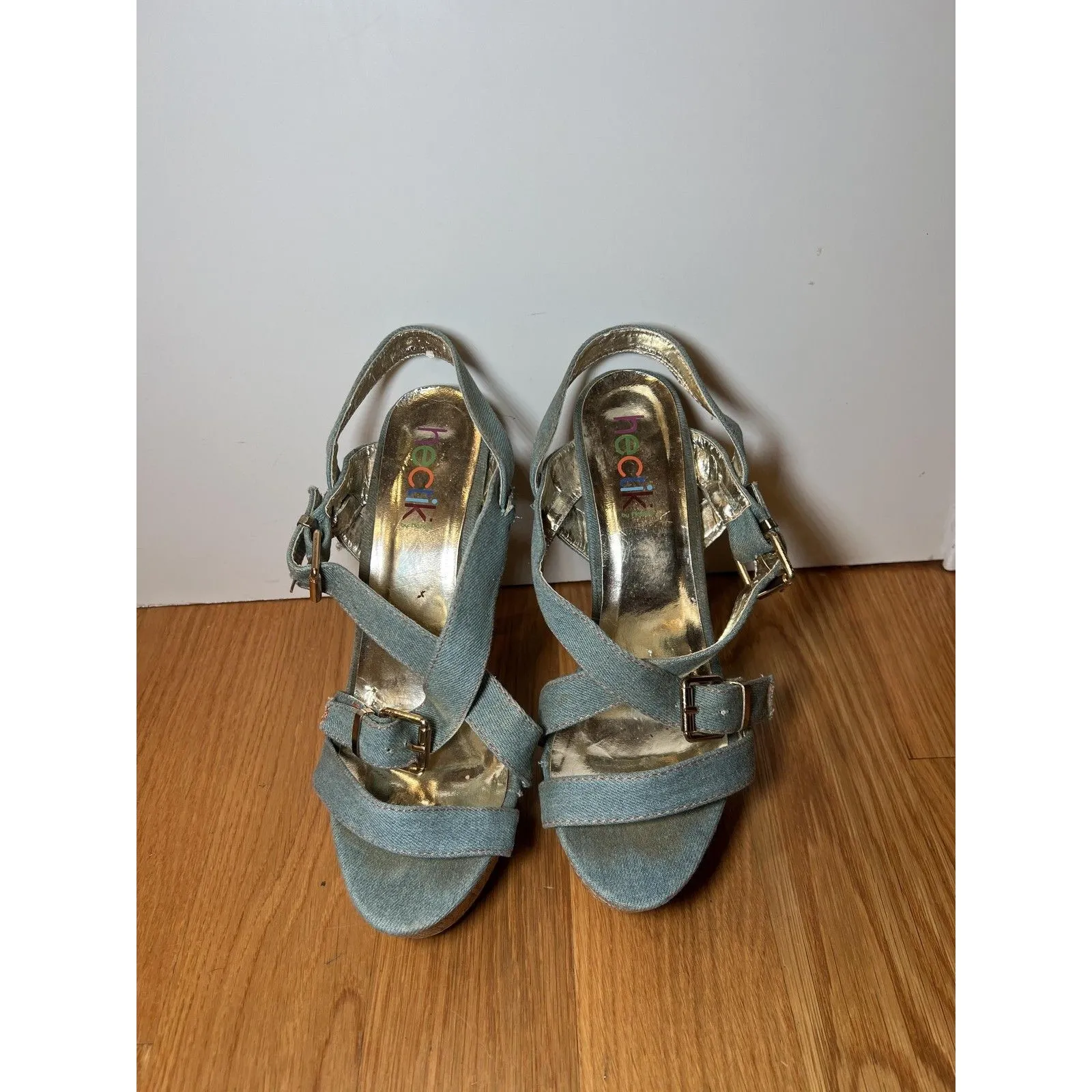 Heckik Shoes Womens Size 8.5 Blue Denim Cross Strap Platform High Heel Sandals - Image 10
