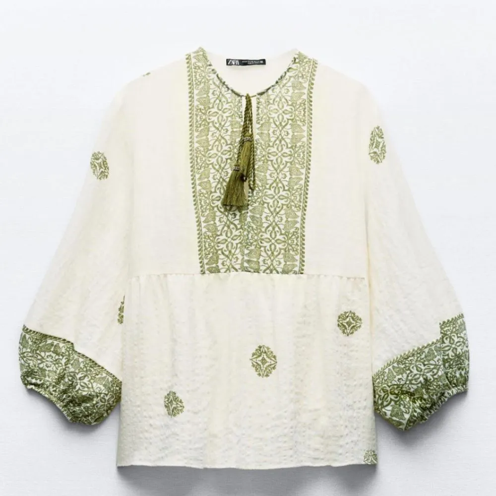 Zara green printed rustic blouse‎ boho women’s size xs - Image 2