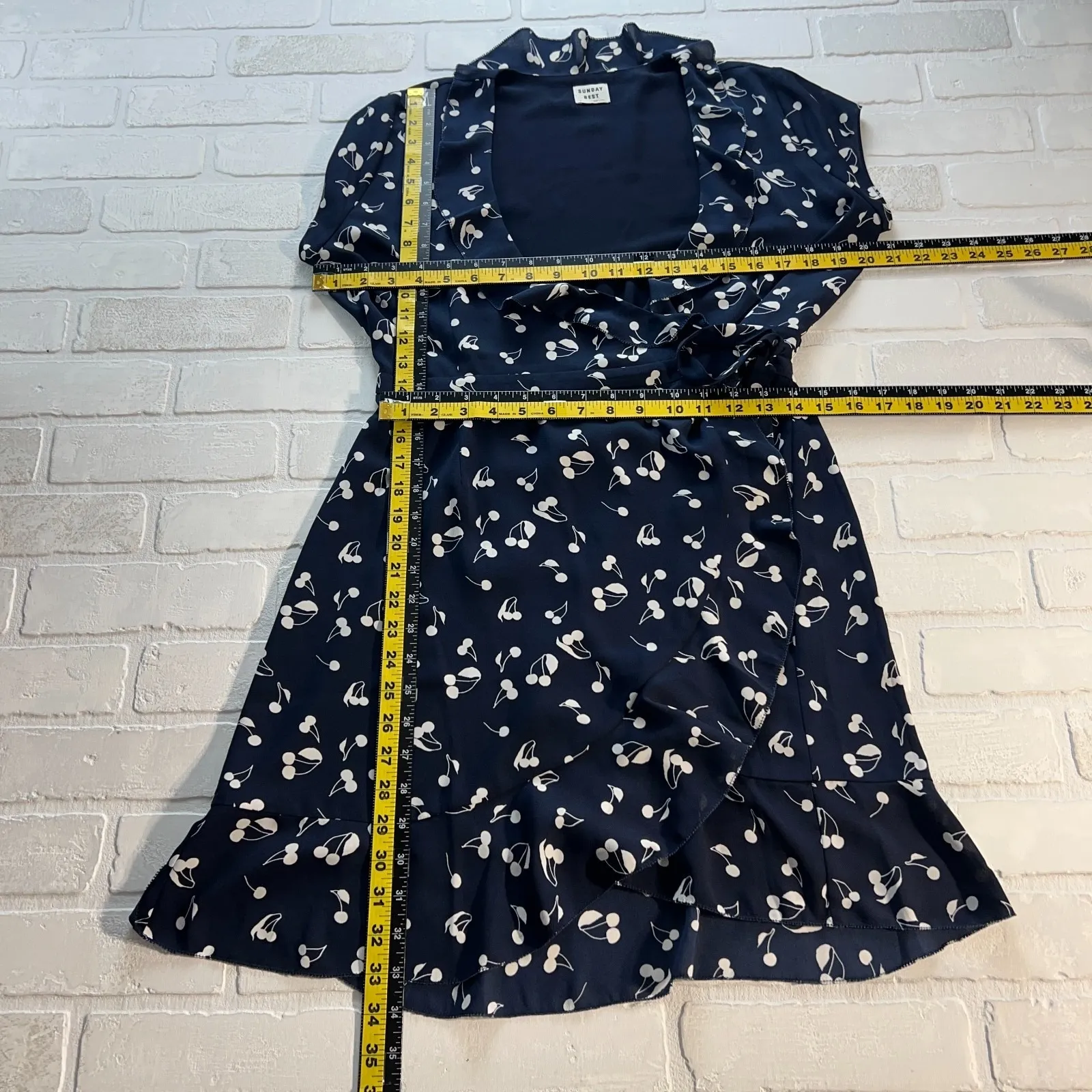 Sunday Best Wrap Dress 6 Aritzia Savoy Cherry Print Navy Blue‎ Ruffle Feminine - Image 2