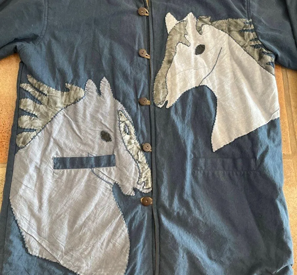 AMAZING Handmade reversible embroidered Horses quilted cotton Chambray Jacket Size L - Image 7