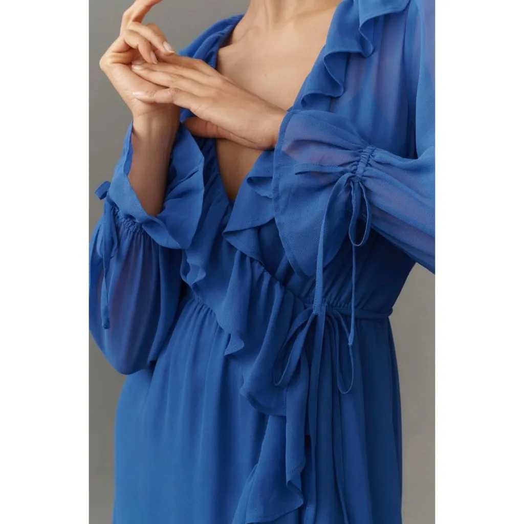 Anthropologie Long-Sleeve Ruffled Asymmetric Midi Dress Size S Blue - Image 4