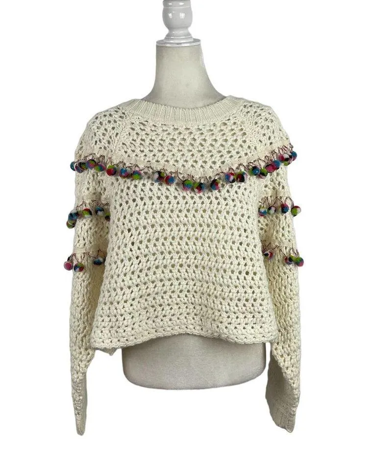 Zara Knit Chunky Pom Pom Oversized Jumper Sweater Size Small Cream - Image 2