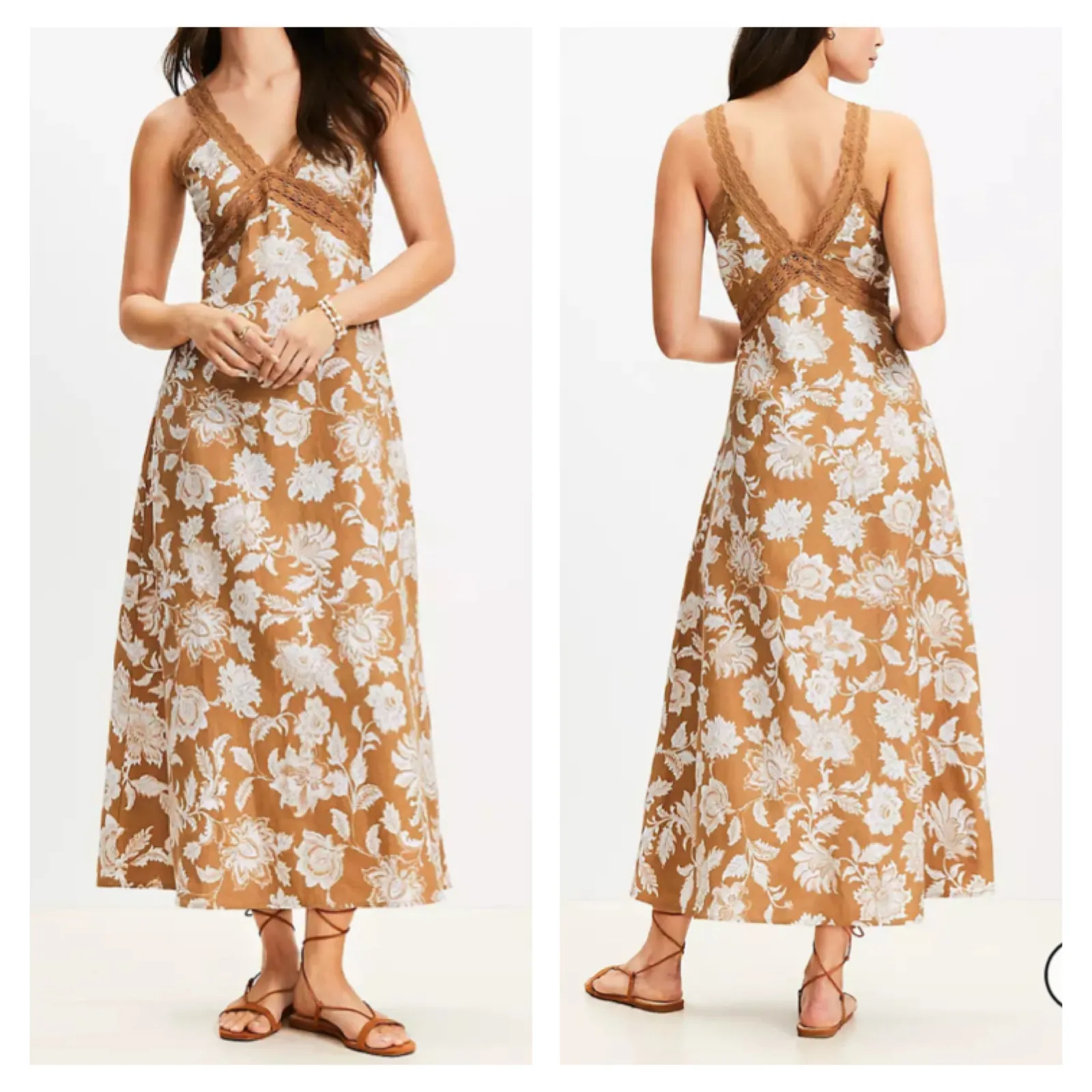 Loft Midi Dress Lace Trim Floral Size 6 Brown White - Image 4