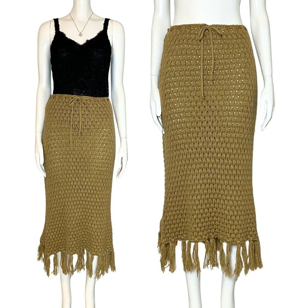 Vintage 90s Italian Boho Knit Midi Skirt Camel Wool Blend Fringe Small Festival Tan - Image 2