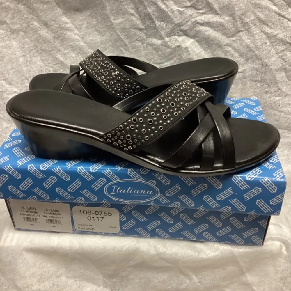 Italiana IS Flaiir Black Silver Embellished Wedge Sandals * Size 10 - Image 3