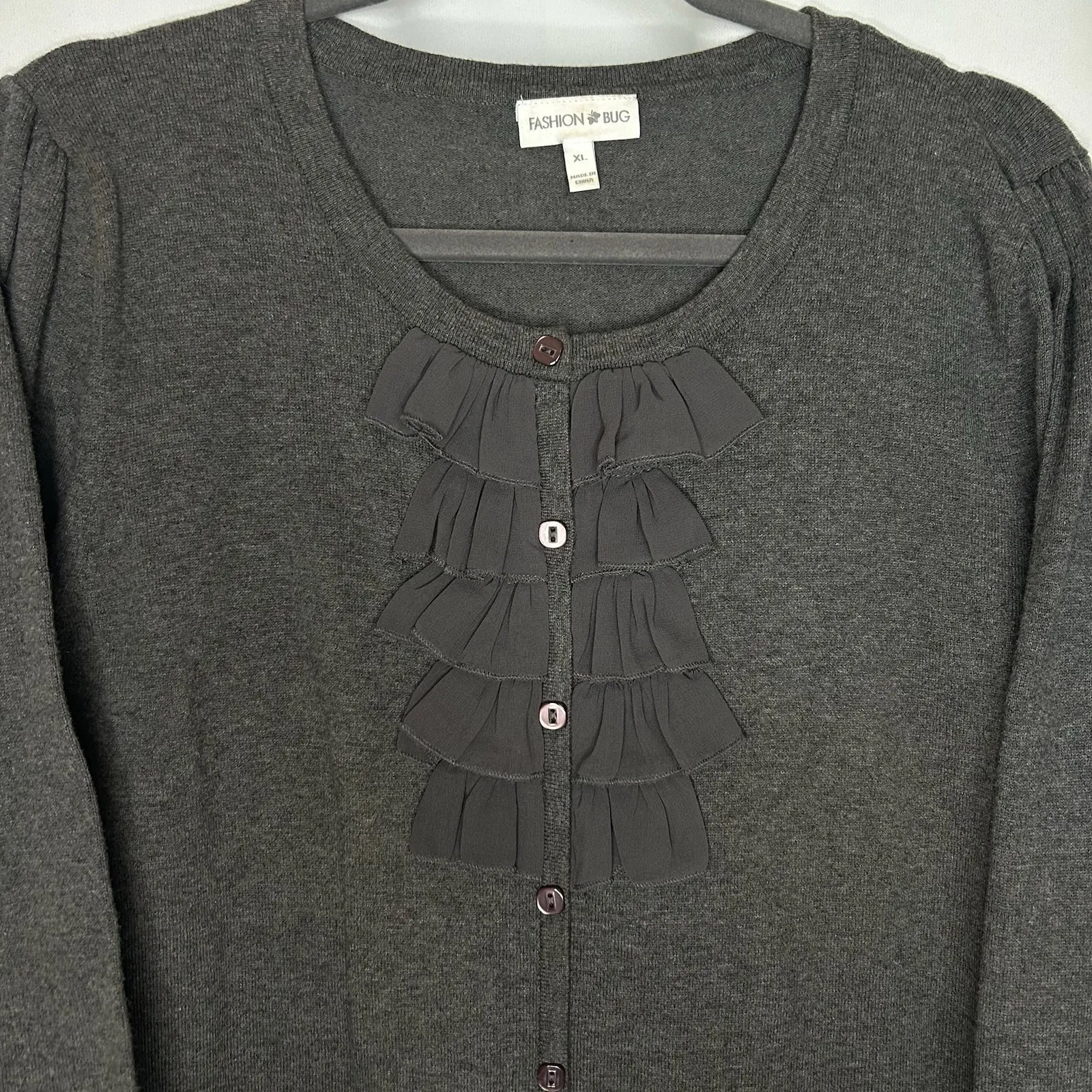 Fashion Bug Women's XL Charcoal Gray Sweater Button Up 3/4 Sleeve‎ Ruffle front - Image 2