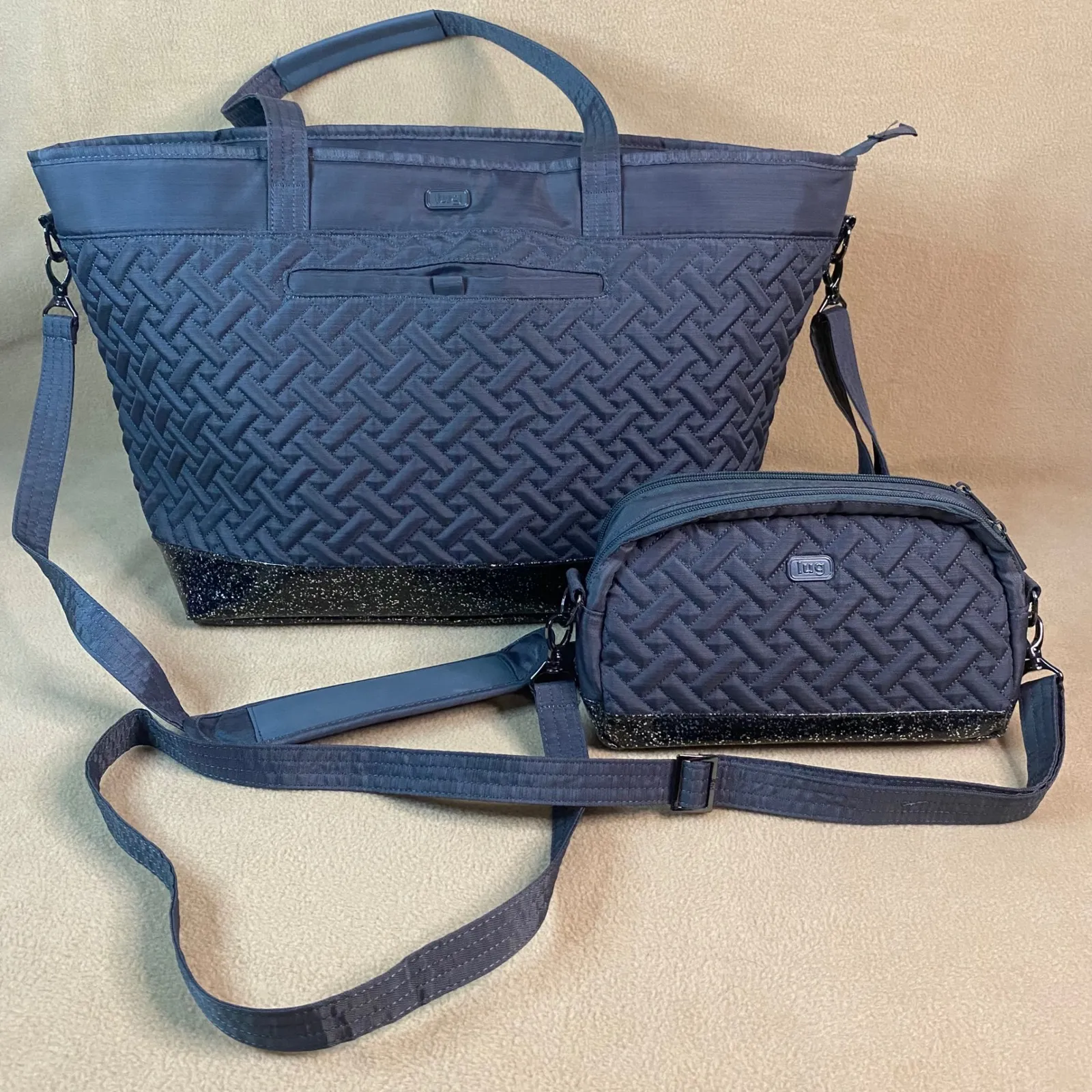 Lug Avion & Punter Quilted Tote Bag Set Sparkle Bottom Gray Travel Weekender EUC - Image 1