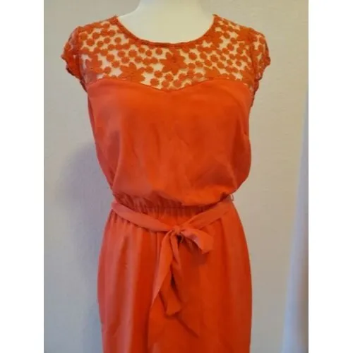 GUESS Dress Women 2 Coral Orange Lacey Chiffon Short Sleeve Belted Lace Crochet - Image 4