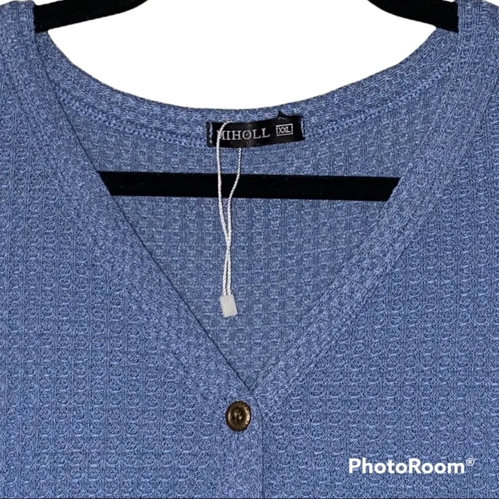 MIHOLL XXL short sleeve blue waffle knit v neck button down tie front loose knot - Image 12