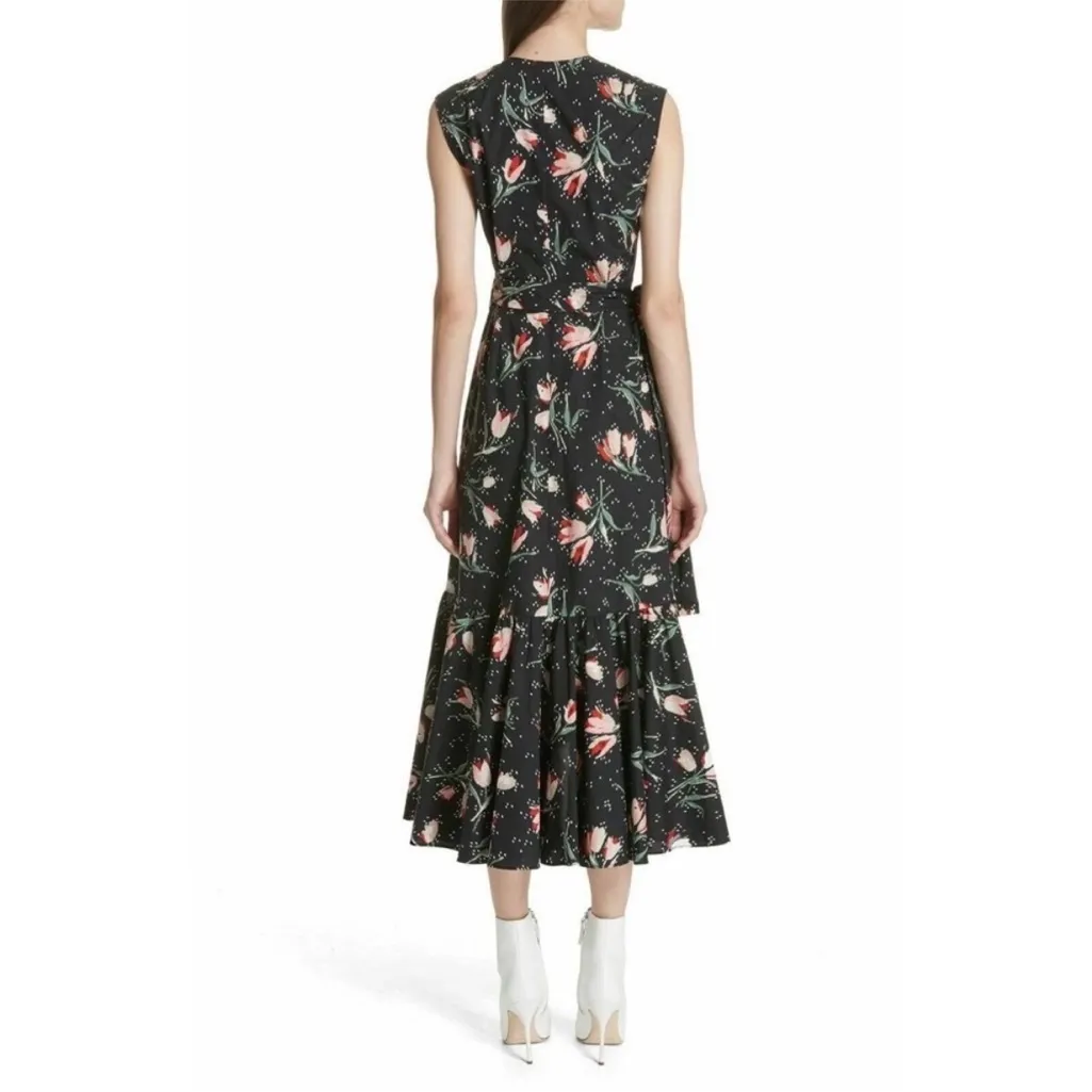 Rebecca Taylor Ikat Tulip Wrap Dress Tie Waist Black Floral Poplin Ruffles Sz 12 - Image 2