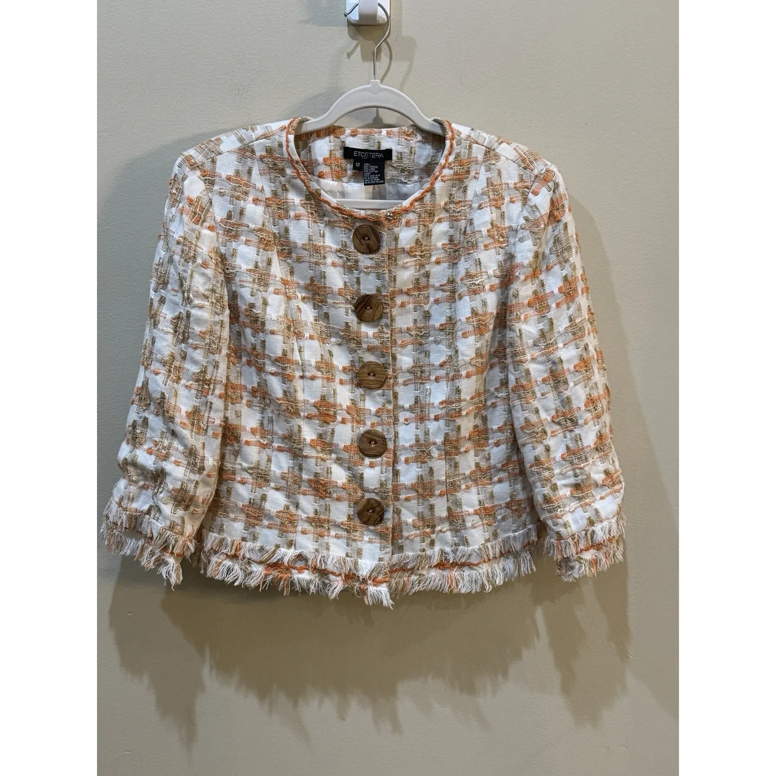ETCETERA Linen Fringe Snap Front Cropped Jacket Blazer Size 12 White Orange‎ - Image 2