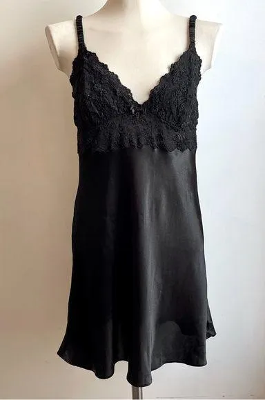 Vintage Oscar de la Renta Pink Label Black Satin Lace Slip Chemise Dress Large - Image 1