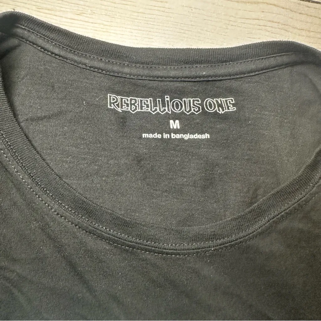 Rebellious One Black Tee with Rose Graphic - Image 3