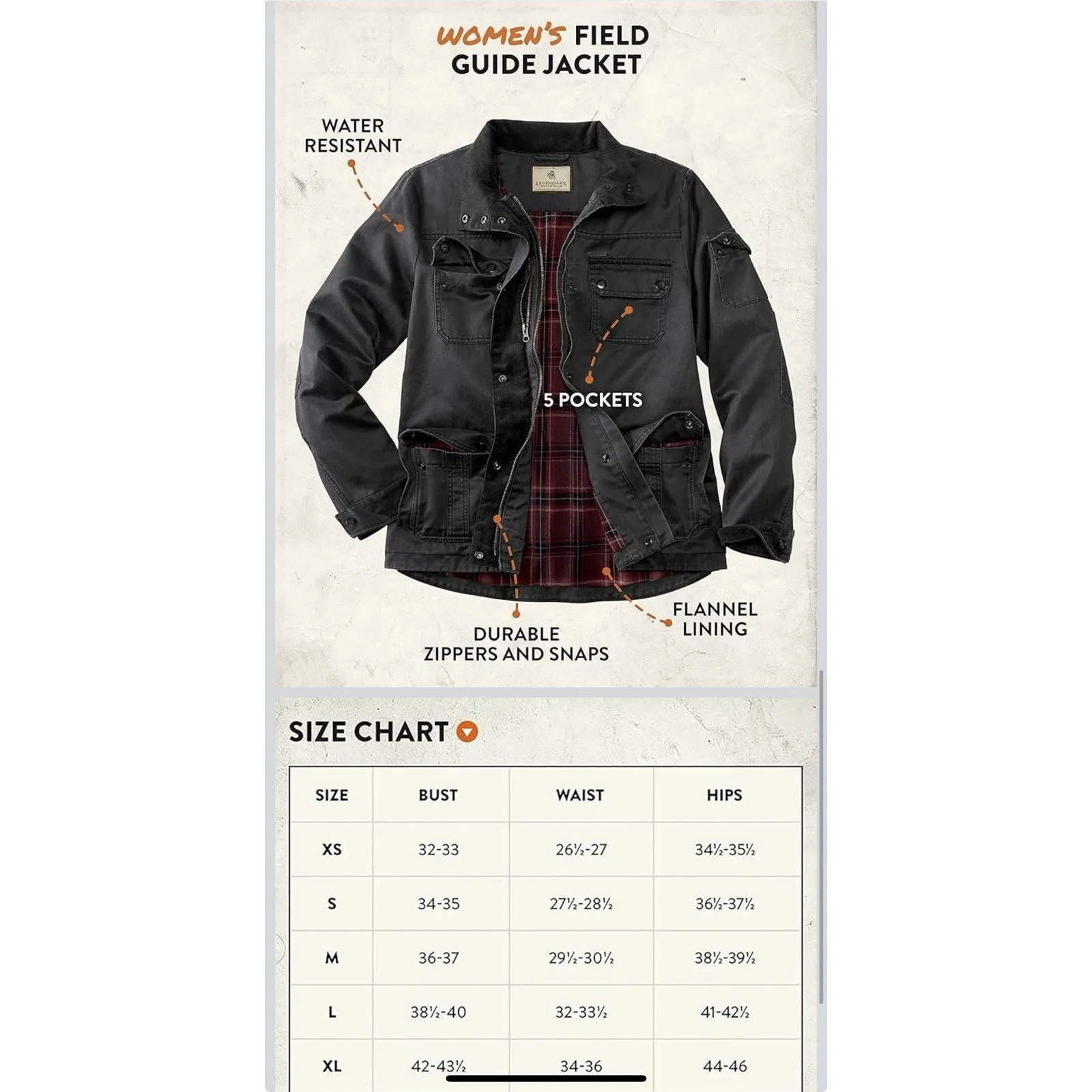 Legendary Whitetails Women's Field Guide Jacket Black Large Flannel Lined - Image 12