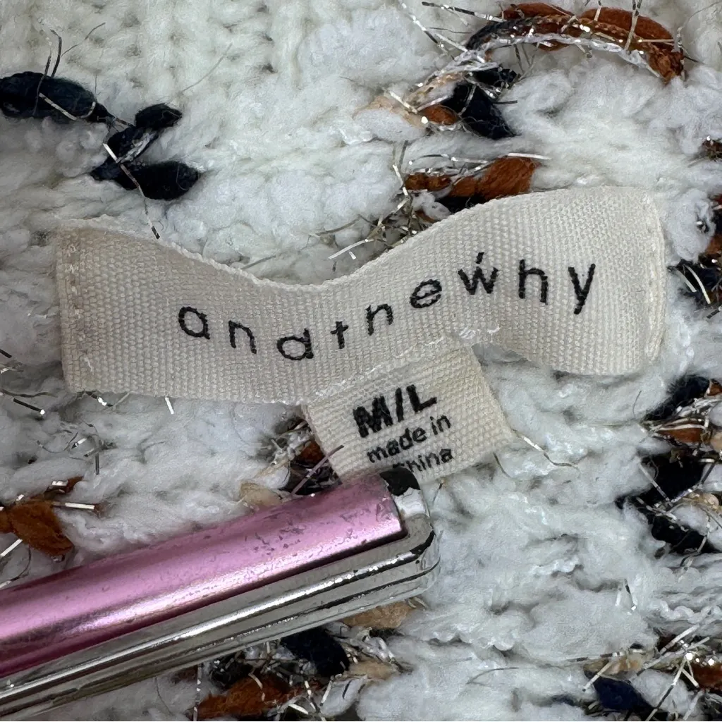 andthewhy Cable Knit Plaid Tweed Knit Back Crew Neck Slouchy Sweater White - Image 13