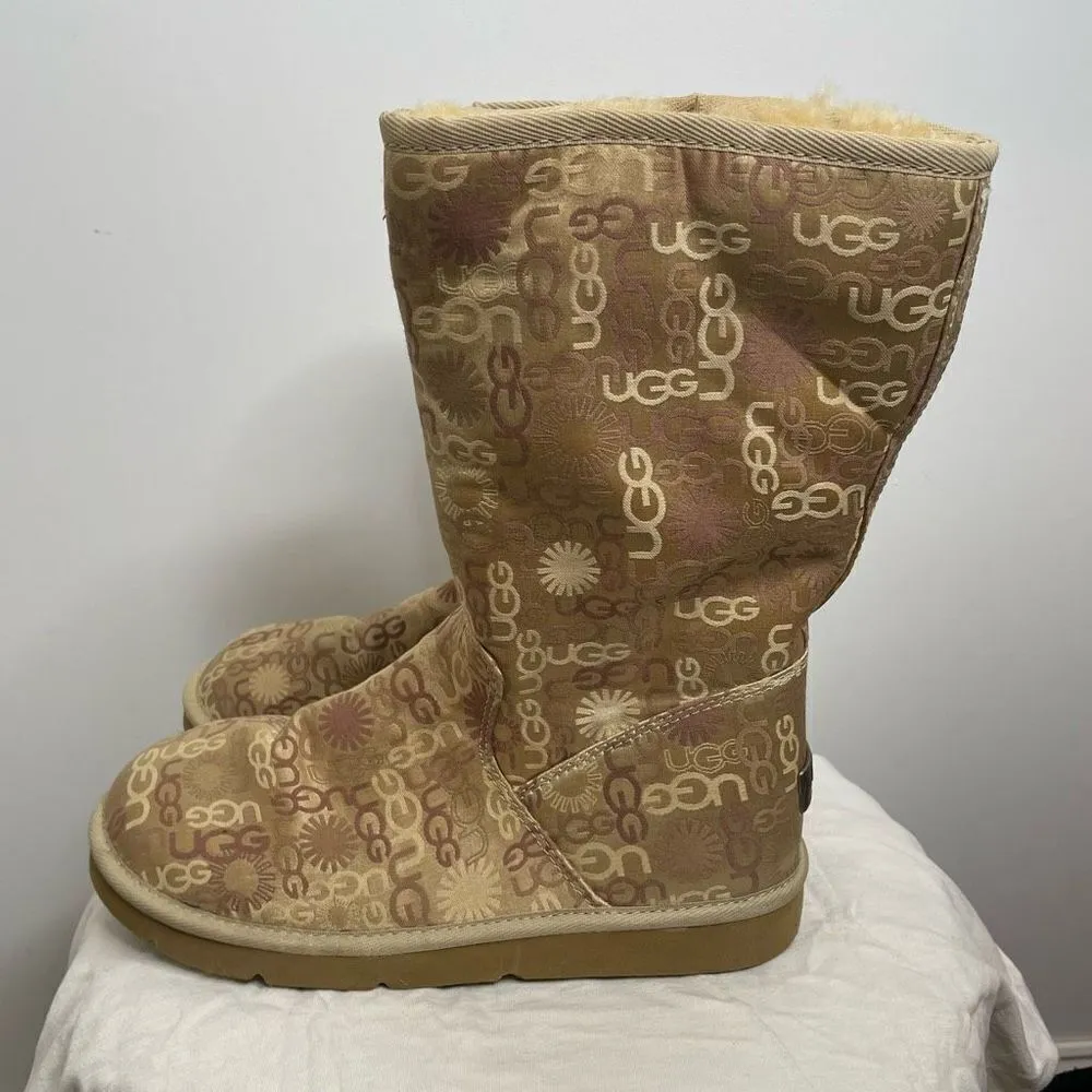 UGG Classic Tall 5515 Monogrammed Logo Metallic Gold Leather‎ Winter Boots Zip 8 - Image 3