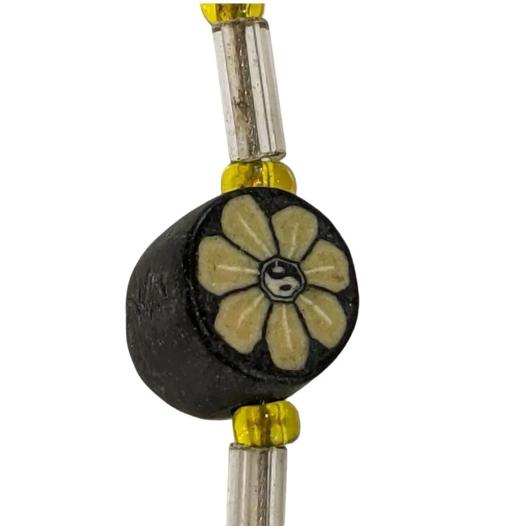 Handcrafted Yellow & Black Beaded Necklace With Floral Accents And Silver - Image 3
