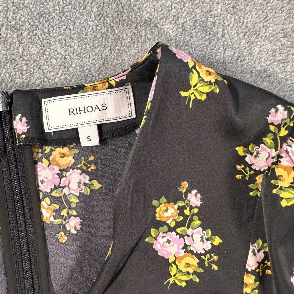 Rihoas Long Sleeve Mini Dress Women's Small Black Floral Satin V - Image 2