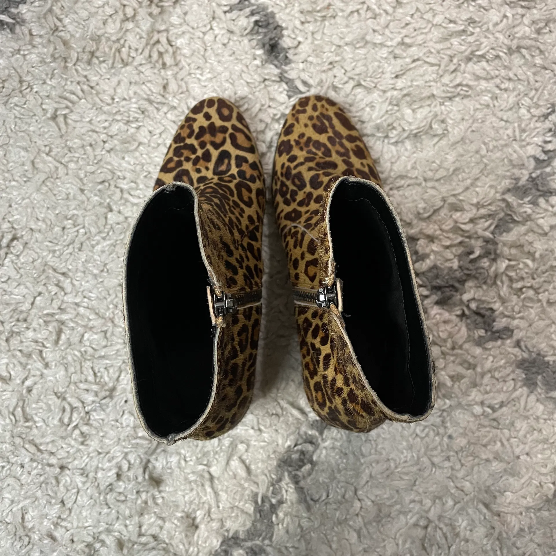 Bel Point Toe Booties Dark Leopard Calf Hair Chunky Heel Leather - Image 7