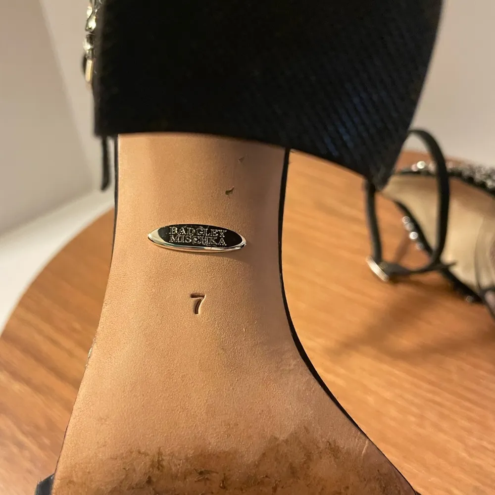 Badgley Mischka Ainsley Crystal Embellished Black Satin Heels Sandals-7 - Image 8