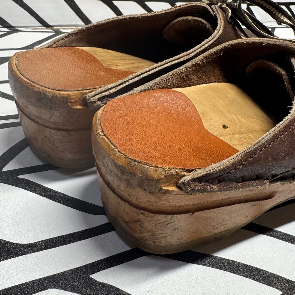 Troentorp Bastad Vintage Leather Lace Up Wooden Clogs size 38 = 8/8.5 US Brown - Image 4