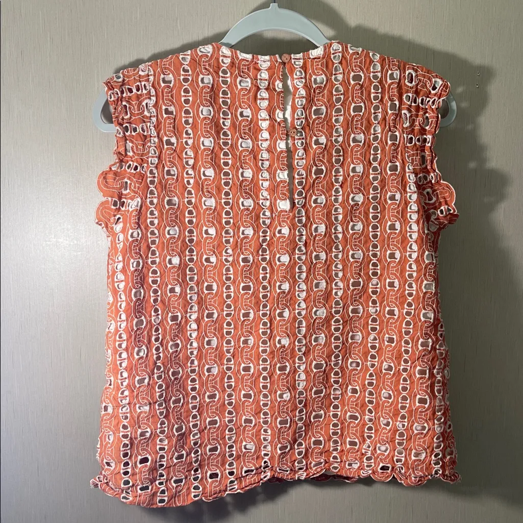 Jade melody tam large Sleeveless ruffle Orange Patterned eyelet Top cotton White - Image 3