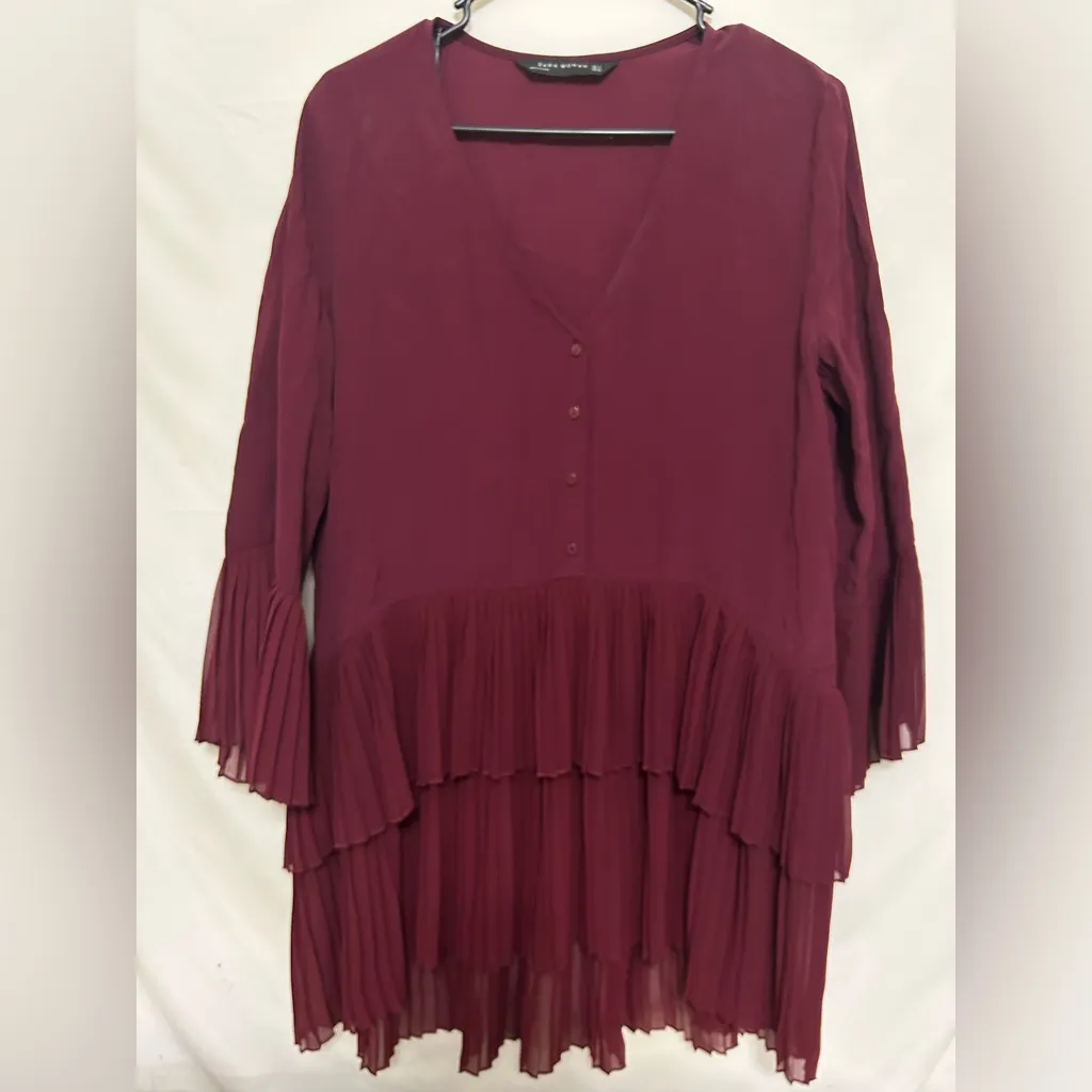 ZARA Woman Contrasting Pleated Buttoned Blouse Dress Tunic Burgundy‎ Size Small - Image 2