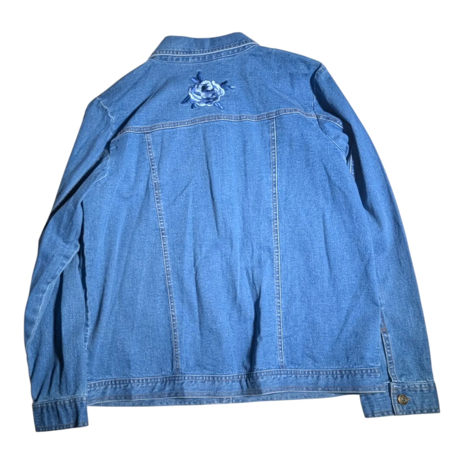 Vtg 1990s Denim & Co Blue Rose Floral Embroidered Stretch Jean Jacket Sz M Size M - Image 2
