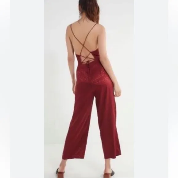 Urban Outfitters Maroon Lily Jacquard Leopard Design Satin Adjustable Jumpsuit 4 - Image 2