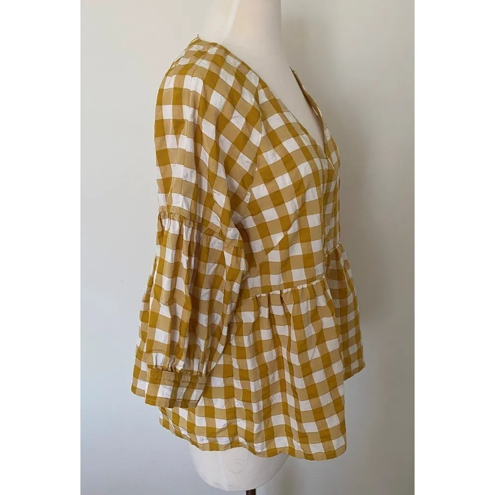 Maeve Anthropologie  April Mustard White Gingham Babydoll Tunic Blouse SP - Image 4