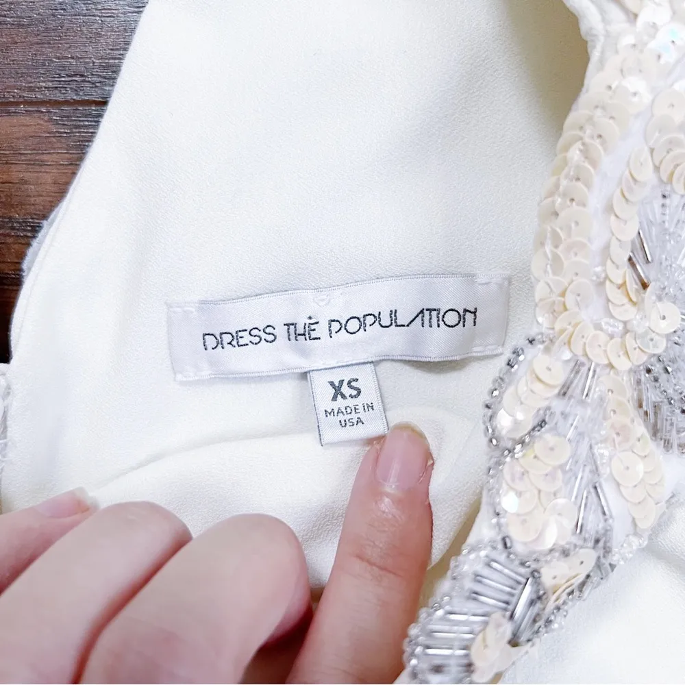 Dress The Population • bell sleeve mini dress cream crepe shift beaded sequin - Image 3