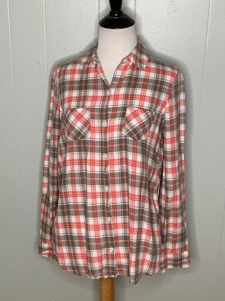 Old Navy Orange & Gray Long Sleeve Button Front Casual Flannel Collared Shirt XS - Image 3